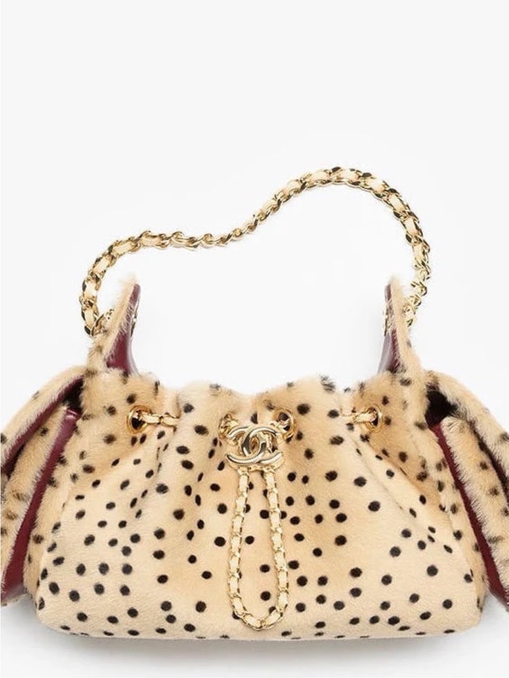CHANEL Beige and Black Spotted Faux Fur Shoulder Bag with Gold Chain